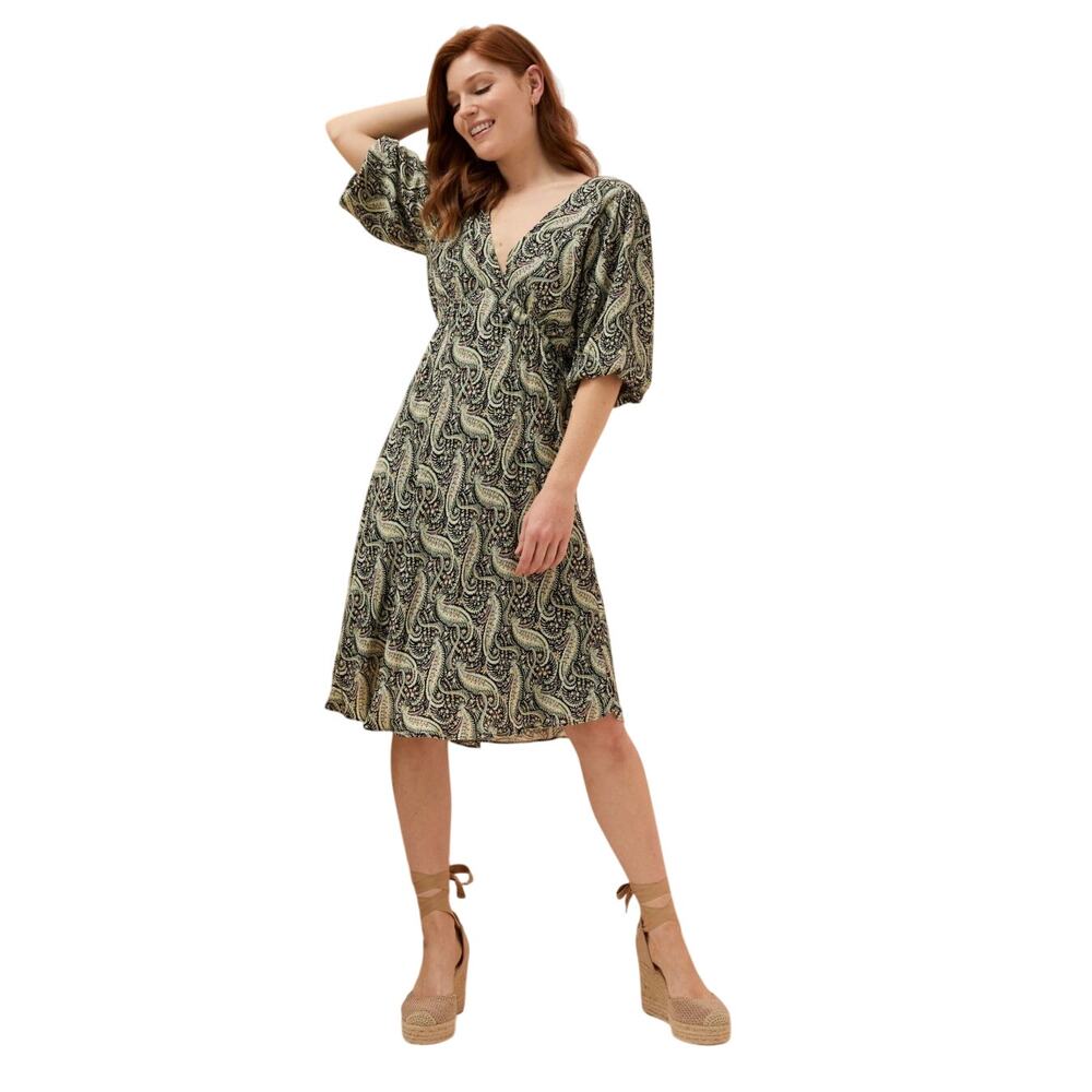 FatFace Padra Paisley Midi Dress US 6 Black Metallic Ecovero Boho